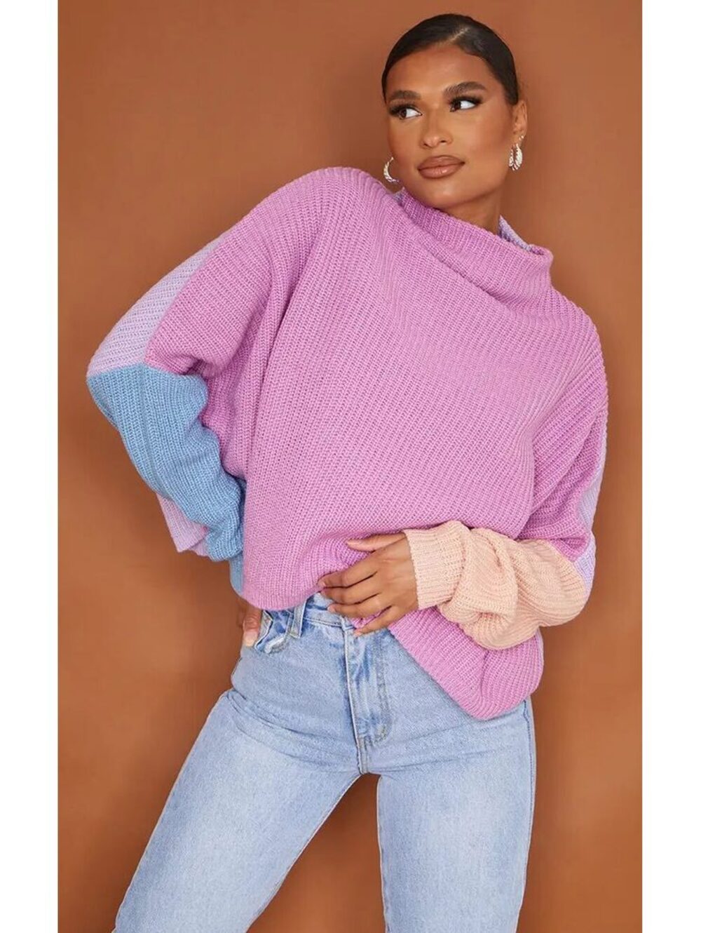 NWT PrettyLittleThing Pink Purple Colorblock Oversized Rib Knit Sweater Size M
